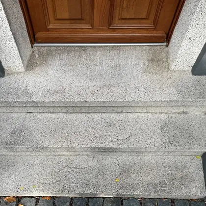 Eingangsstufen an der Haustür vor der Sanierung: stumpfer, ausgeblichener Altbelag