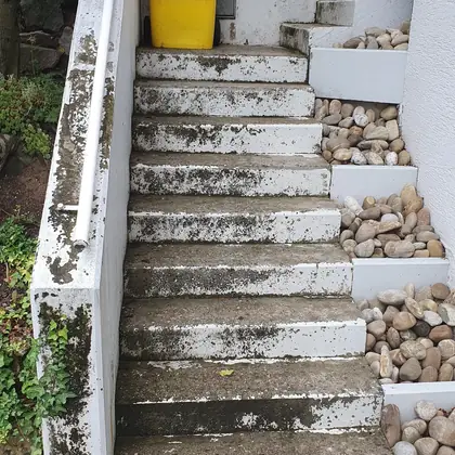 Lange Gartentreppe am Hang vor der Sanierung: vermooste, ausgewaschene Betonstufen