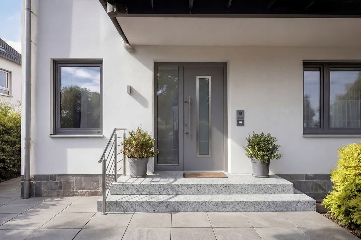 Sanierte Außentreppe und Eingangspodest mit InnoStone Naturstein – Ergebnis in Mainfranken